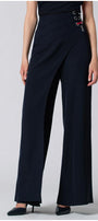 High-waisted navy Tailored Wide Leg Pants with wrap-effect waistband and lace-up detail in premium viscose blend fabric.