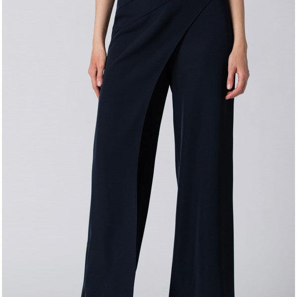 High-waisted navy Tailored Wide Leg Pants with wrap-effect waistband and lace-up detail in premium viscose blend fabric.