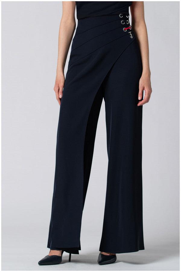 High-waisted navy Tailored Wide Leg Pants with wrap-effect waistband and lace-up detail in premium viscose blend fabric.