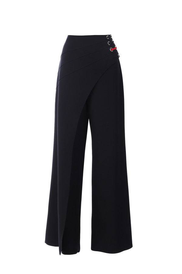 Tailored Wide Leg Pants with wrap-effect waistband and lace-up detail in premium viscose blend fabric.