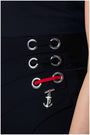 Close up of silver eyelets with red lace threading and anchor charm, Greta navy wide-leg pants Luna Fashion House