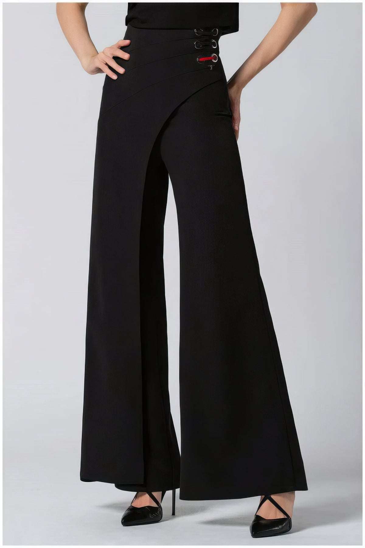 Greta Wide Leg Pants in Black with tailored fit and unique wrap detail, crafted by Luna Fashion House for timeless elegance.