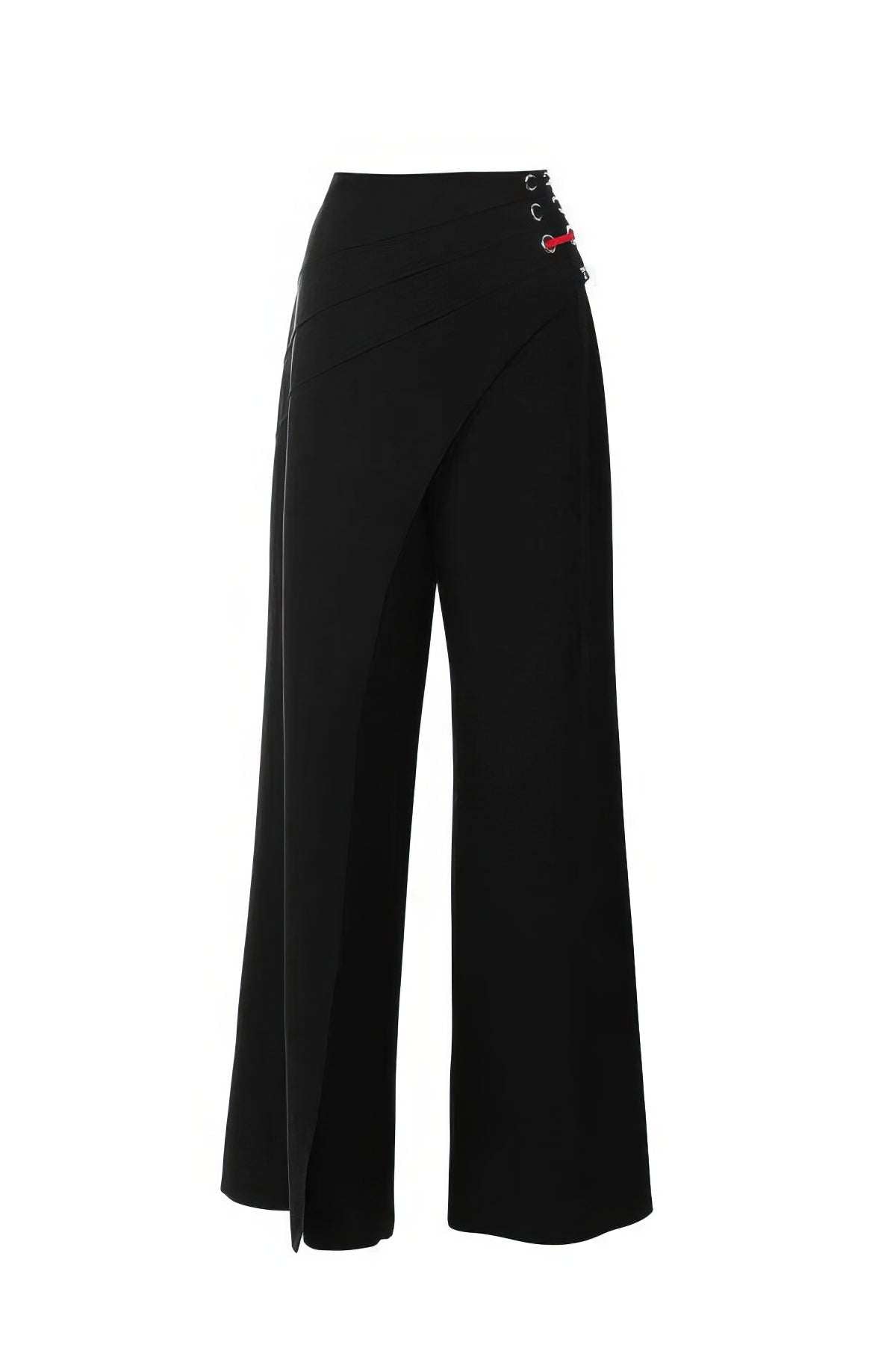 Greta Wide Leg Pants in Black with tailored wrap design and side lace detail for a refined, elegant look