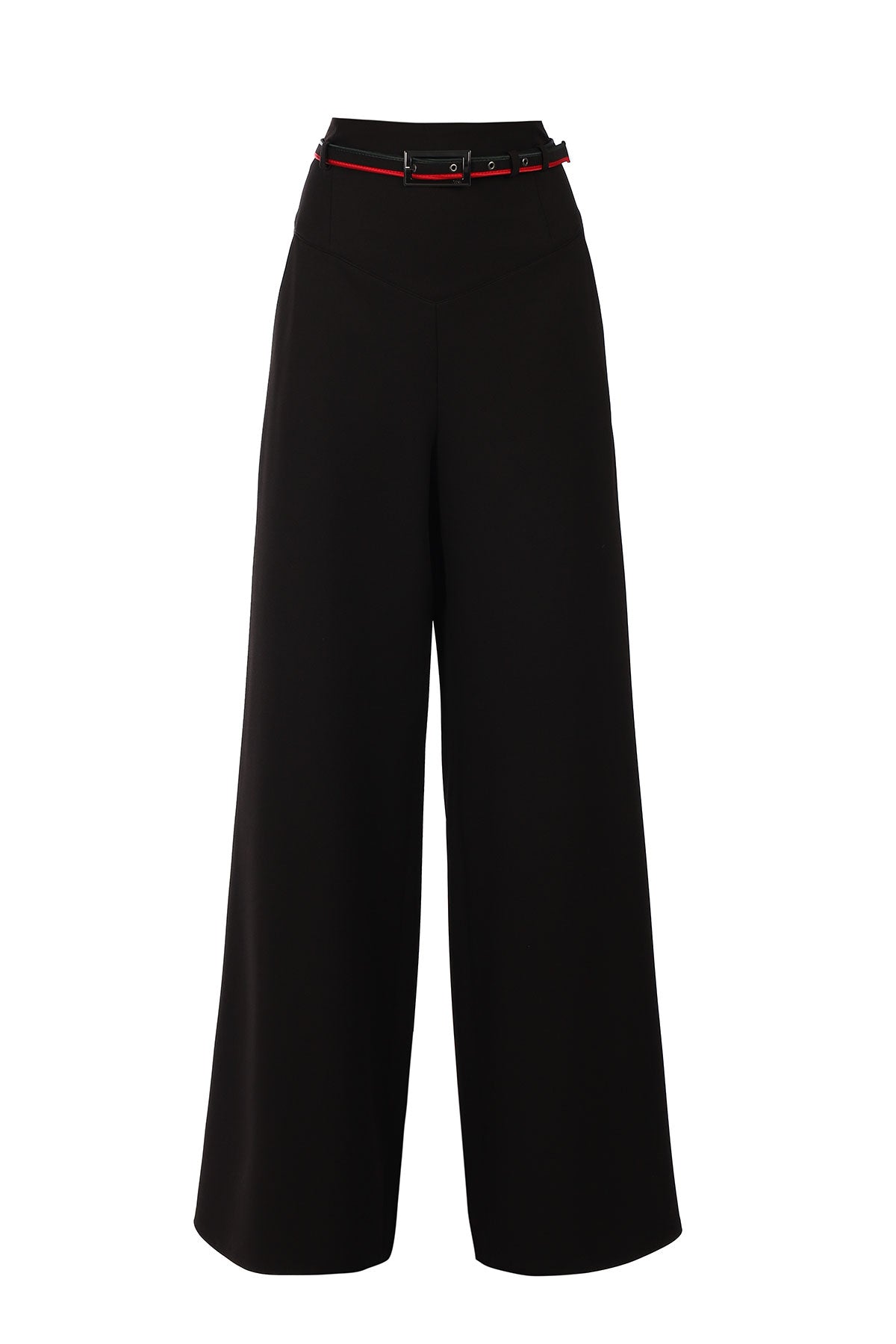 Black wide-leg pants with a red belt on a white background