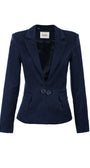 Navy blue blazer with a decorative brooch on a white background