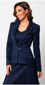 Woman wearing a navy blue suit on a white background