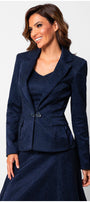 Woman wearing a navy blue suit on a white background