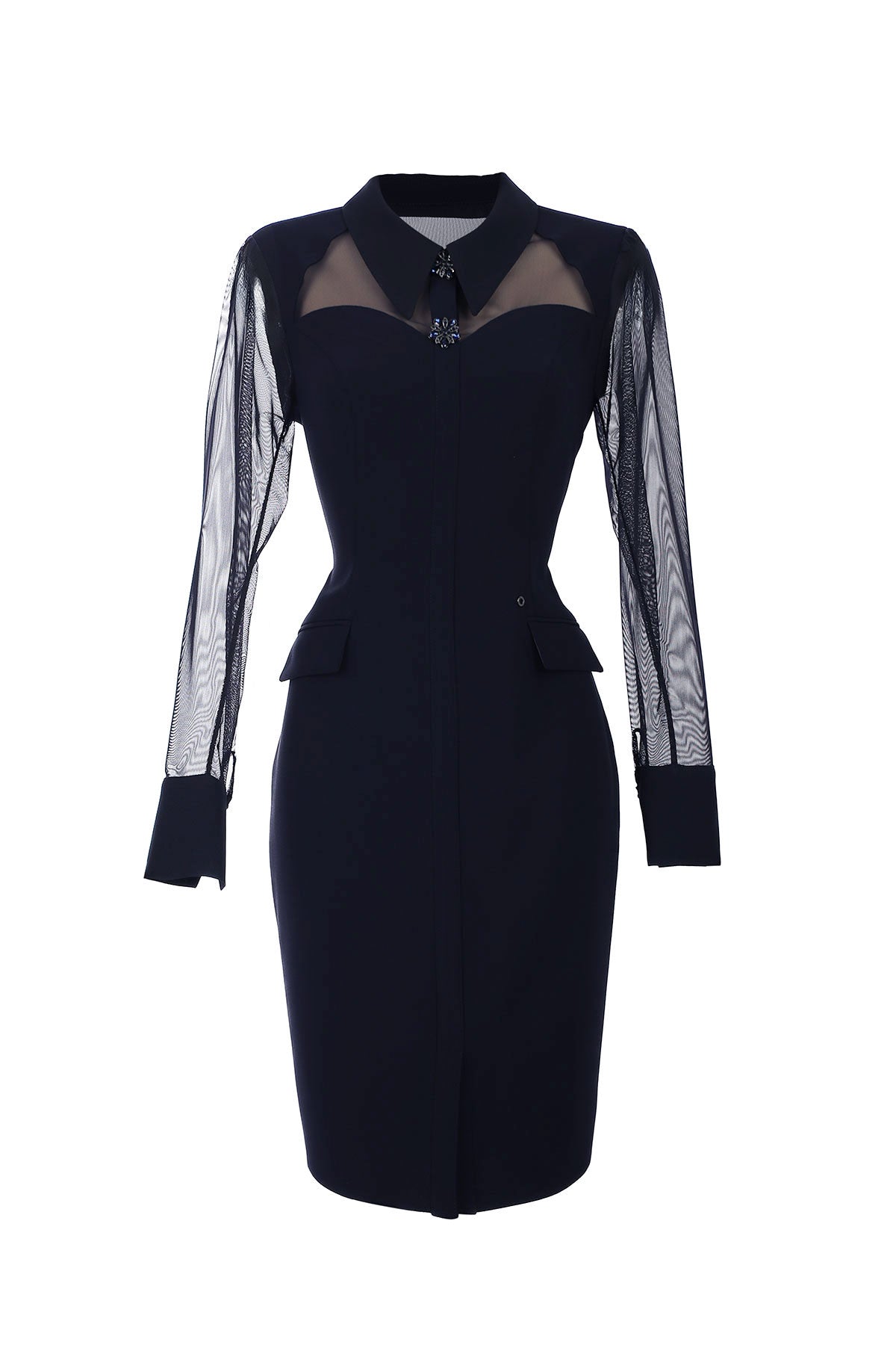 Black dress with sheer sleeves on a white background