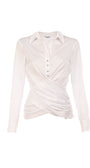 White blouse with a draped front design on a white background