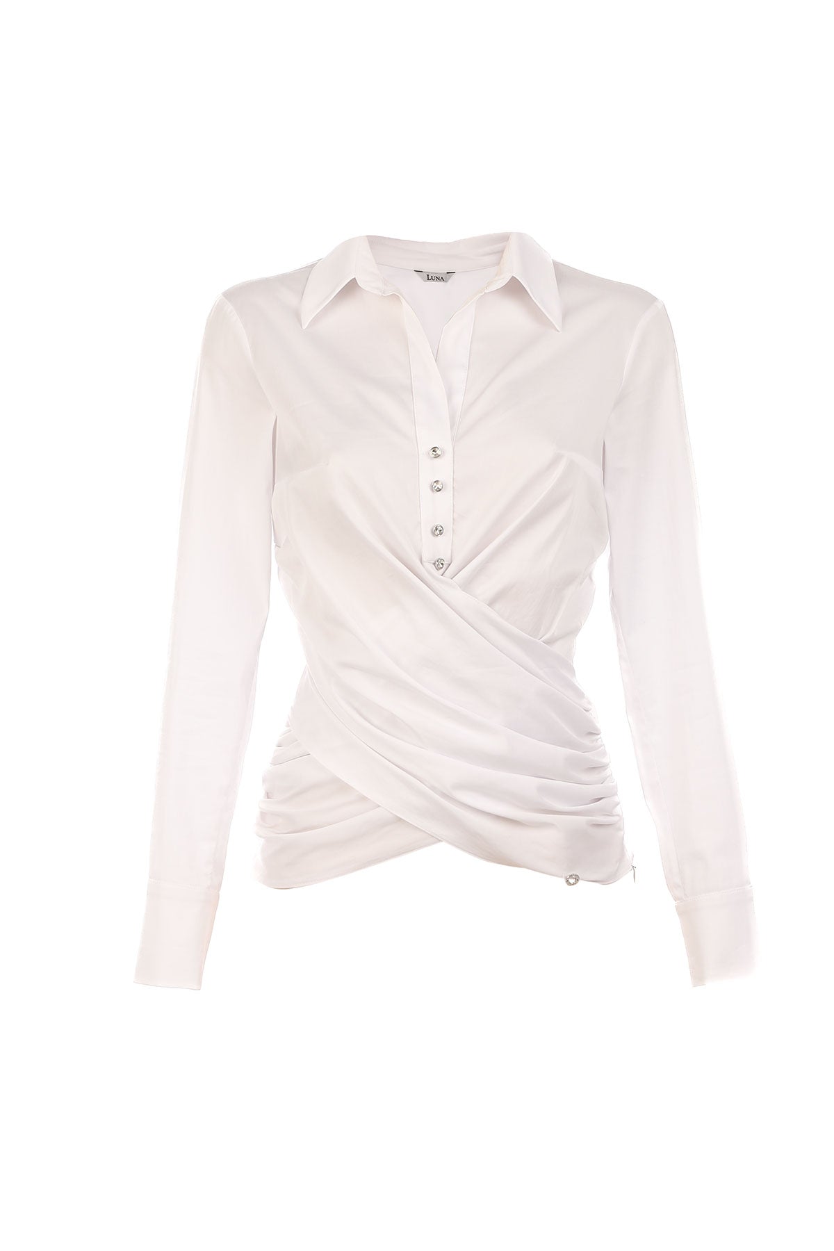 White blouse with a draped front design on a white background