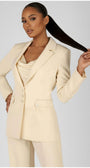 Woman wearing a beige suit with a plain background