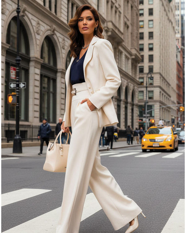 Woman in an ivory Luna Fashion House suit crossing a city street with tall buildings in the background