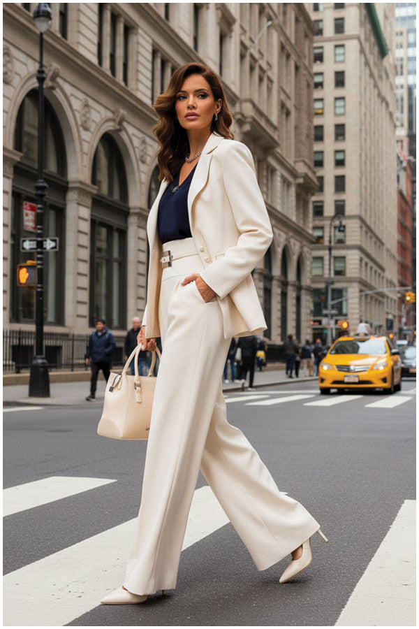 Woman in an ivory Luna Fashion House suit crossing a city street with tall buildings in the background