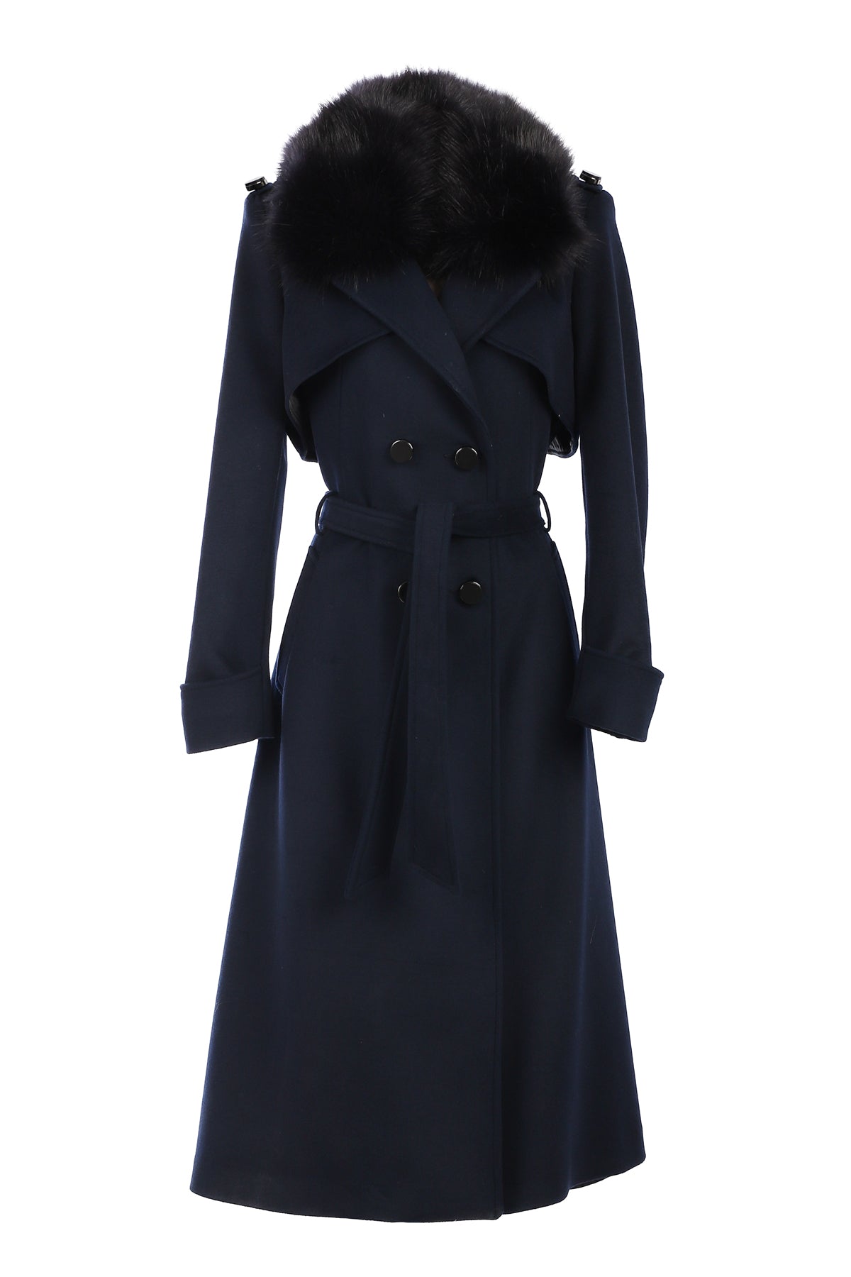 Navy blue coat with fur hood on a white background