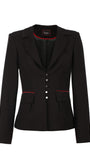 Black blazer with red trim on a white background