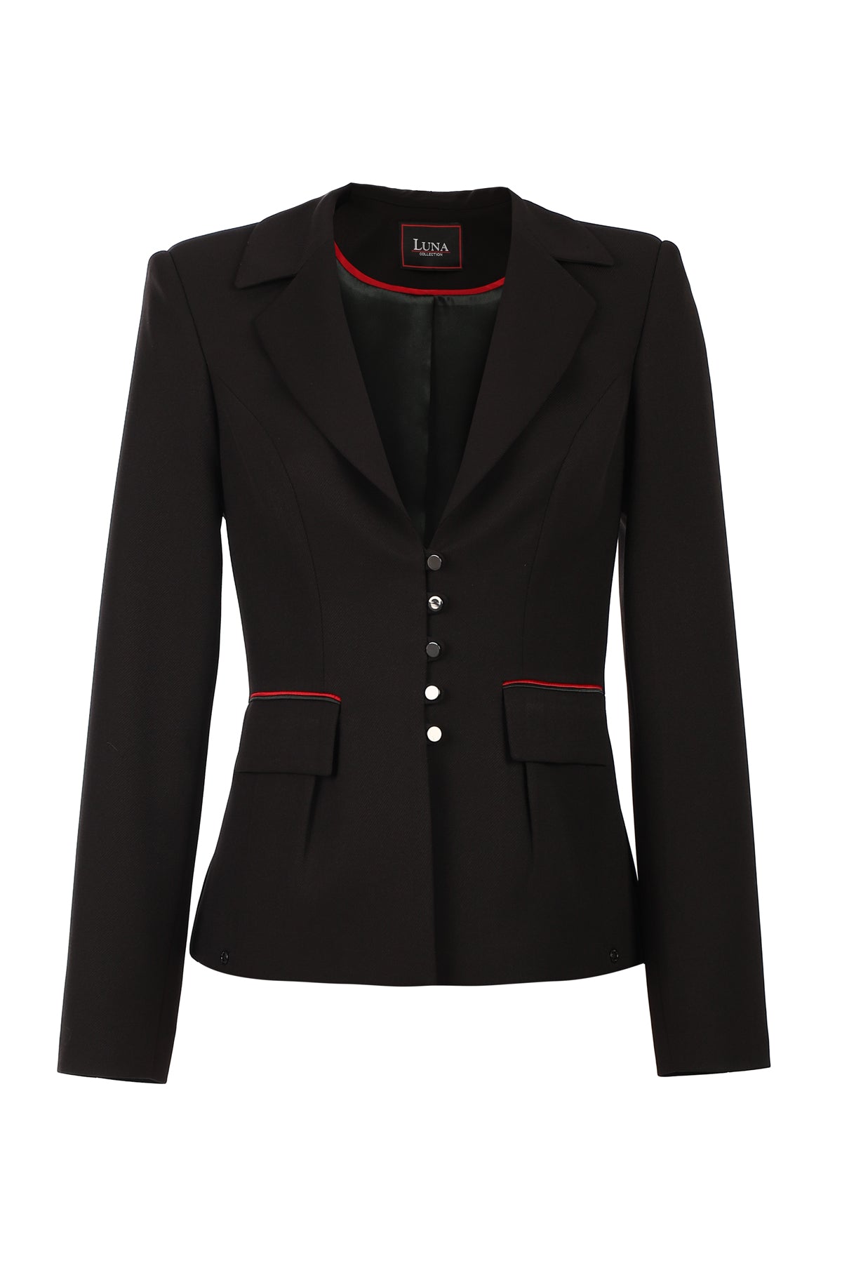 Black blazer with red trim on a white background