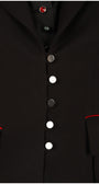 Close-up of a black coat with buttons and red accents on a white background