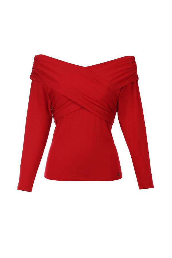 Red off-shoulder Luna Fashion House top on a white background