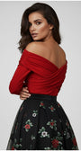 Woman wearing a red off-shoulder Luna Fashion House top and black floral skirt on a gray background
