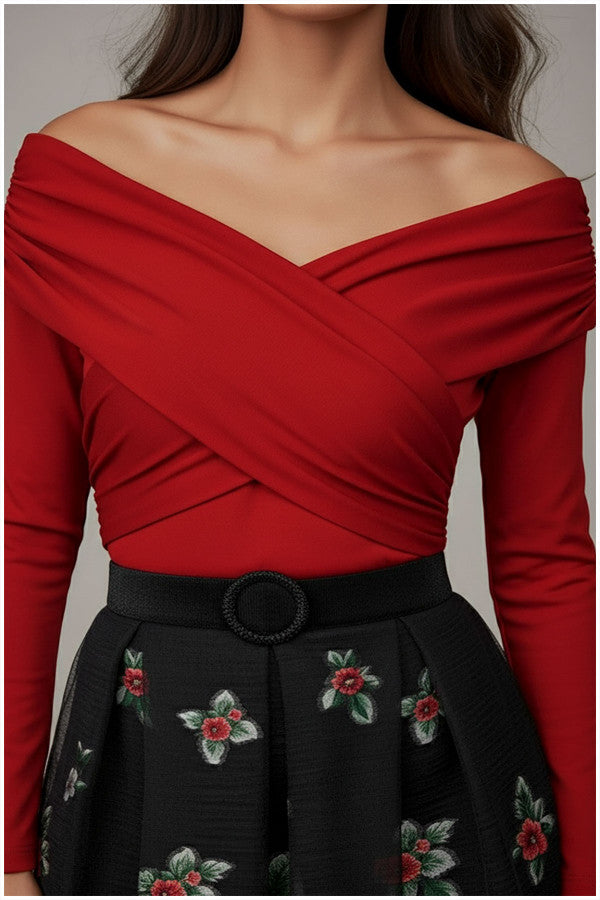 Red off-shoulder top with a black Luna Fashion House skirt featuring floral embroidery on a neutral background