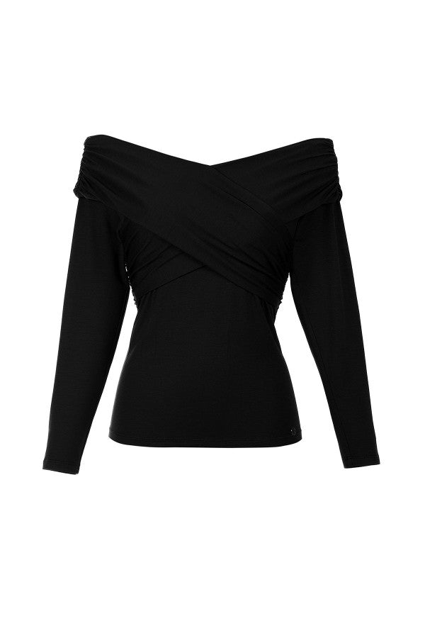 Black off-shoulder Luna Fashion House top on a white background