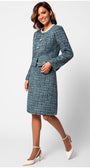 Woman wearing a blue tweed suit on a white background