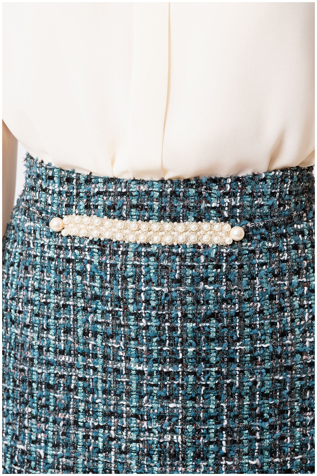 Donna A-Line Tweed Skirt with Pearl Detail in Turquoise Black
