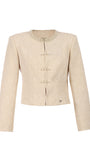 Beige Luna Fashion House blazer with pearl embellishments on a white background