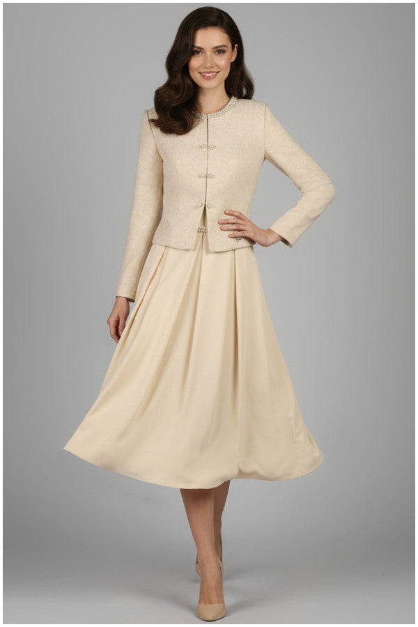 Woman wearing a beige Luna Fashion House suit with a jacket and skirt on a gray background