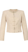 Ivory Jacquard Blazer with Pearl Details, Rhea. Photographed on its own, front, with pearl buttons.