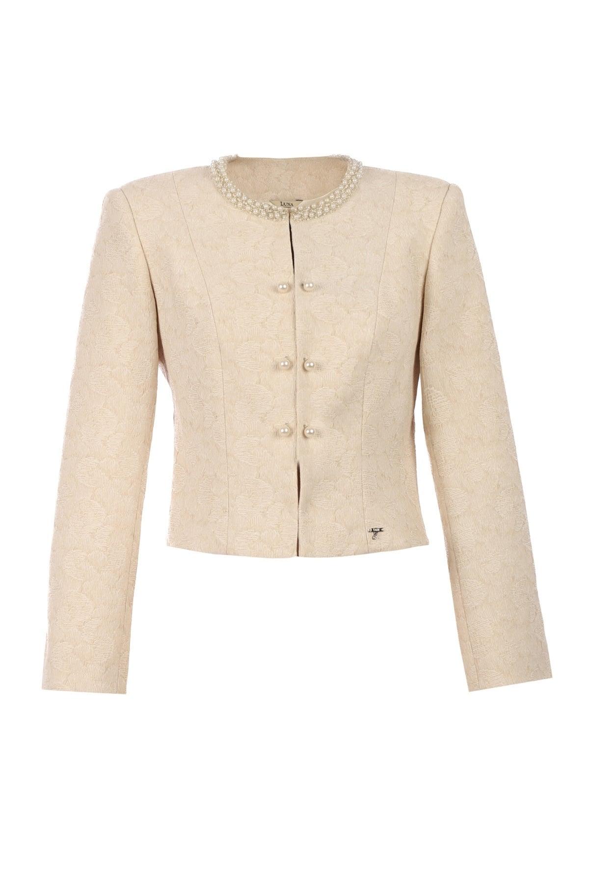 Ivory Jacquard Blazer with Pearl Details, Rhea. Photographed on its own, front, with pearl buttons.