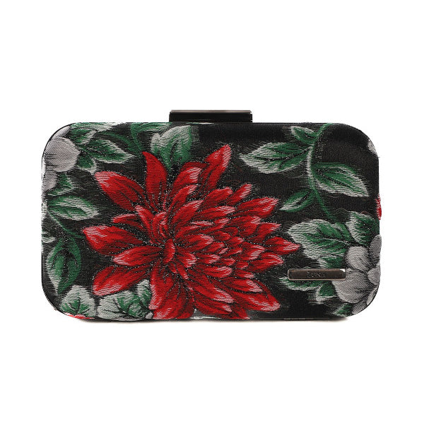 Floral clutch bag with red flower design on a white background