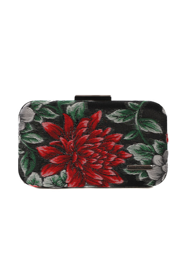 Floral clutch bag with red flower design on a white background
