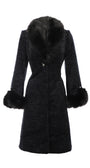 Black coat with fur trim on a white background