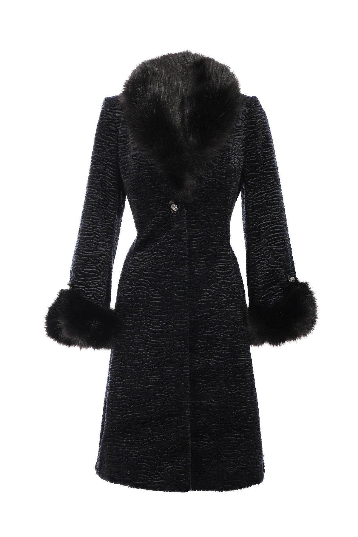 Black coat with fur trim on a white background