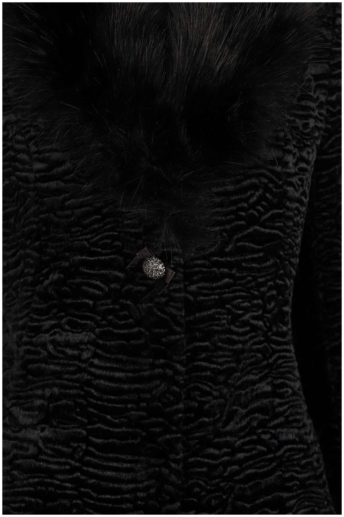 Close-up of a textured black coat with a fur-lined hood.