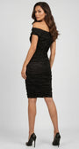 Back view of the black off-shoulder ruched midi dress showing the fitted silhouette, ruched body, and hidden seam closure