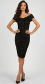 Lina Off-Shoulder Midi Dress in Black worn front view, fitted ruched cocktail dress with crystal trim at the center front