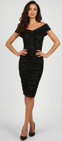 Lina Off-Shoulder Midi Dress in Black worn front view, fitted ruched cocktail dress with crystal trim at the center front