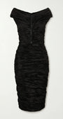 Black ruched off-shoulder midi cocktail dress on white, front view of the vertical crystal trim and fitted silhouette