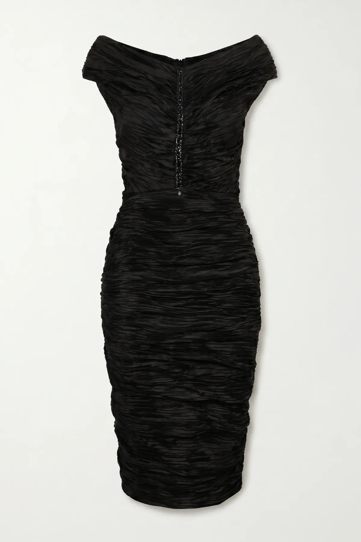 Black ruched off-shoulder midi cocktail dress on white, front view of the vertical crystal trim and fitted silhouette