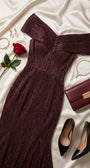 Bordeaux metallic gown styled flat with black pumps, bordeaux clutch, crystal jewelry and a red rose