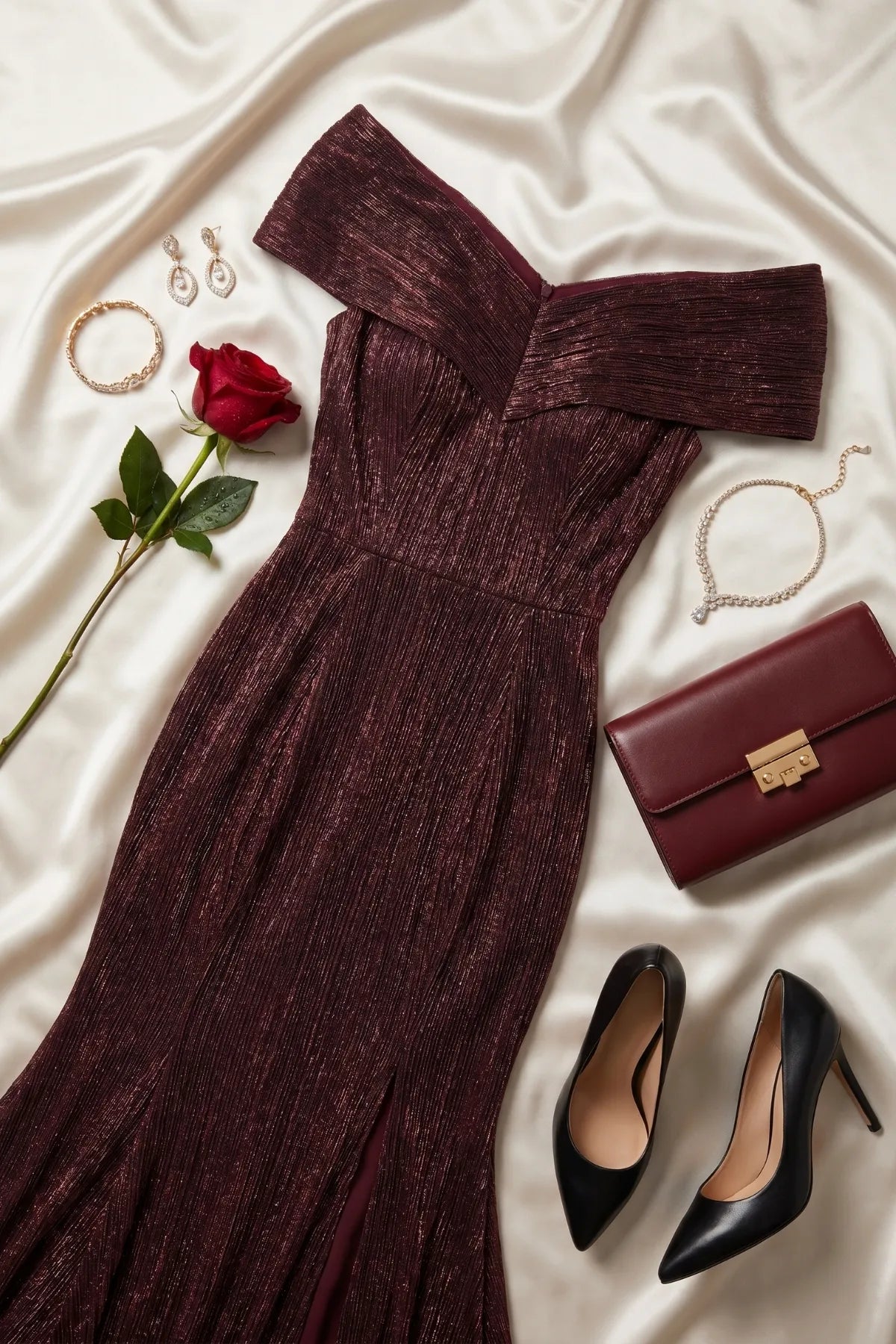 Bordeaux metallic gown styled flat with black pumps, bordeaux clutch, crystal jewelry and a red rose