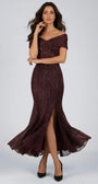Alis Off-Shoulder Metallic Gown in bordeaux with folded neckline, fitted bodice and front-slit fishtail skirt
