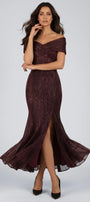 Alis Off-Shoulder Metallic Gown in bordeaux with folded neckline, fitted bodice and front-slit fishtail skirt