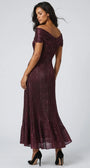 Back of the bordeaux off-shoulder metallic gown showing fitted body, center-back zipper and flared fishtail hem