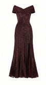 Bordeaux metallic off-shoulder gown front view with folded V neckline, sculpted bodice and front slit