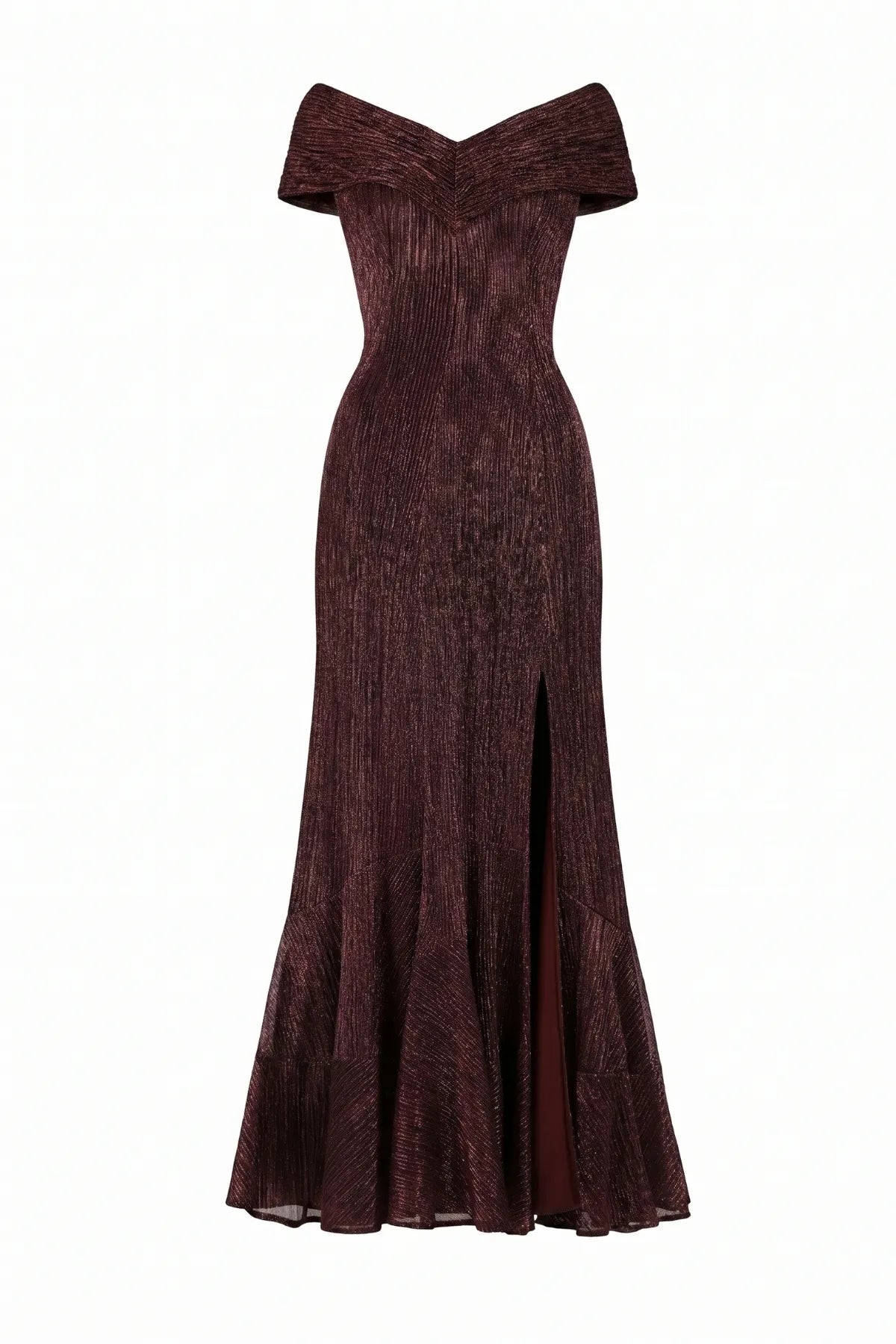 Bordeaux metallic off-shoulder gown front view with folded V neckline, sculpted bodice and front slit