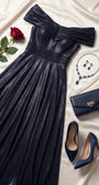 Navy off-shoulder gown styled flat with navy heels, navy clutch, sapphire jewelry and a red rose