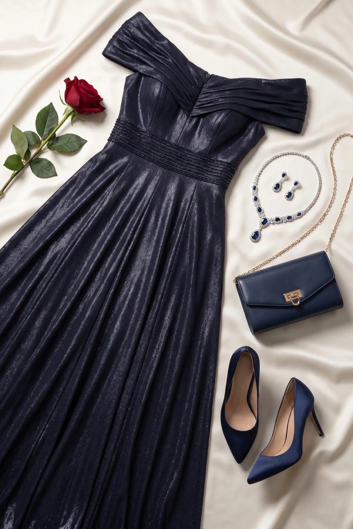 Navy off-shoulder gown styled flat with navy heels, navy clutch, sapphire jewelry and a red rose